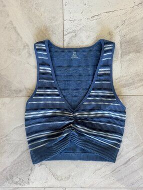LIKE NEW Aerie Blue and White Striped Ruched Front Tank Sports Bra Crop Top